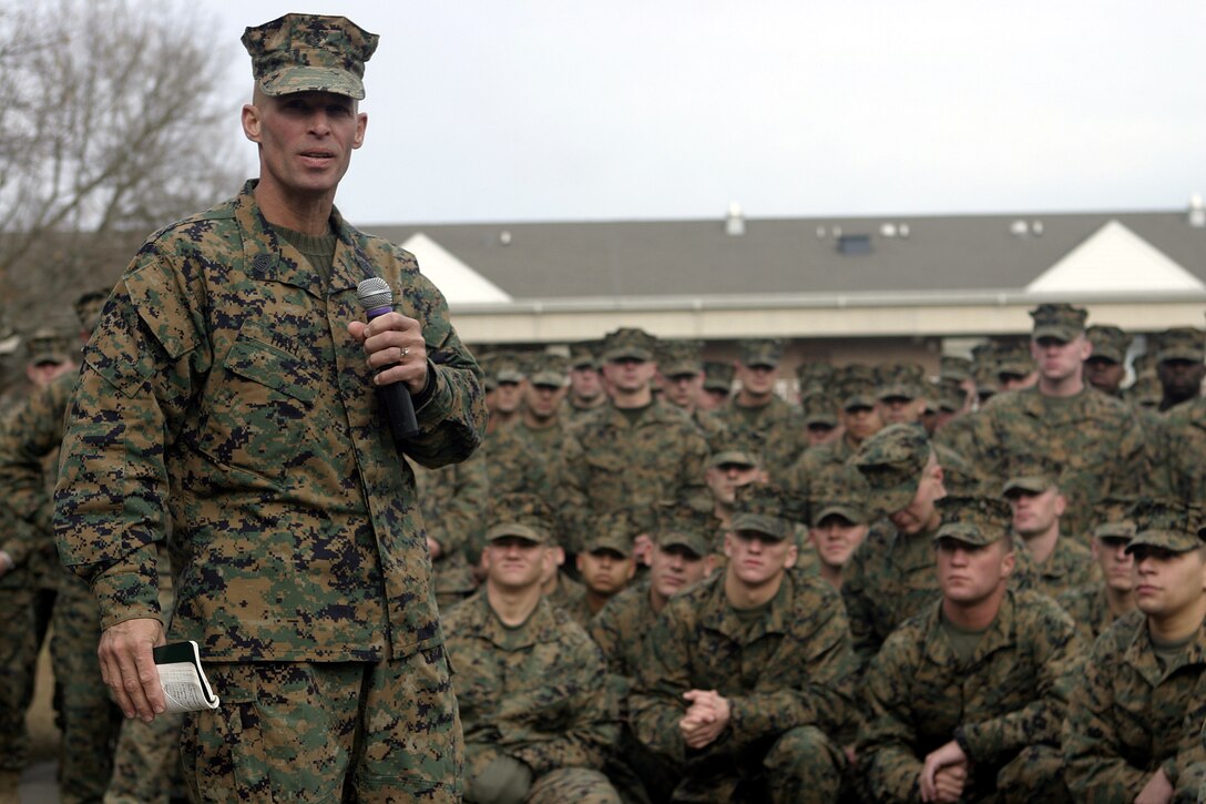 MARINE CORPS BASE CAMP LEJEUNE, N.C. - Sergeant Major T.F. Hall addresses the Marines of 1st Battalion, 6th Marine Regiment here Dec. 14 shortly after being relieved of his position.  Hall, a veteran of Operations Enduring Freedom and Iraqi Freedom, was relieved by 1st Sgt. Ernest Hoopii.  Hall is currently 2nd Assault Amphibian Battalion's sergeant major.