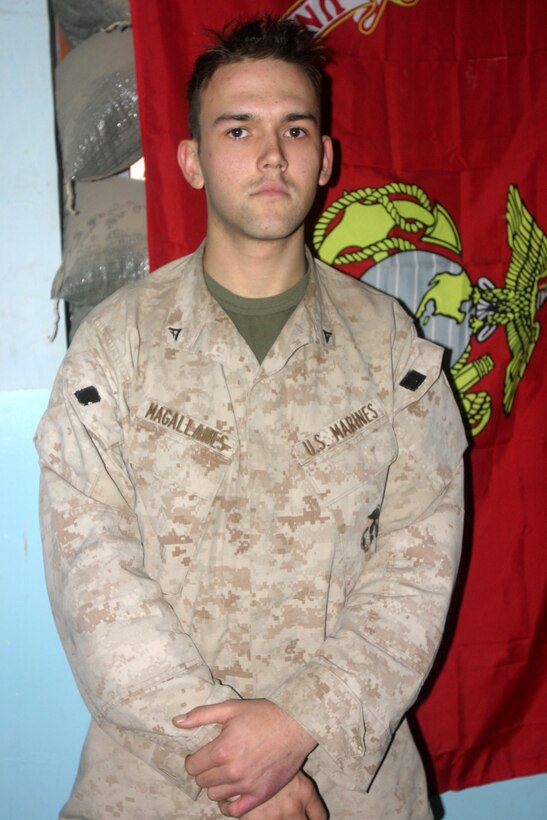 AR RAMADI, Iraq (December 14, 2005) - Lance Cpl. Evan Magallanes, a rifleman with Company K, 3rd Battalion, 7th Marine Regiment, was eager to come to Iraq and serve with his fellow Marines to help eliminate the terrorist threat and do his part in creating a stable middle east. Photo by Cpl. Shane Suzuki