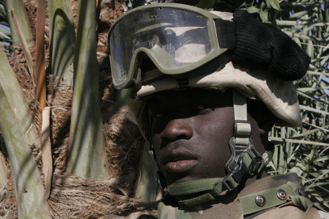 KARABILAH, Iraq ? A native of Dakar, Senegal, Lance Cpl. Pascal R. Cisse, an infantryman assigned to 3rd Platoon, Company E, 2nd Battalion, 1st Marine Regiment, temporarily assigned to Regimental Combat Team 2, poses here.  The 27 year old, who speaks five languages, came to United States and volunteered for the Marine Corps three weeks after his arrival there.