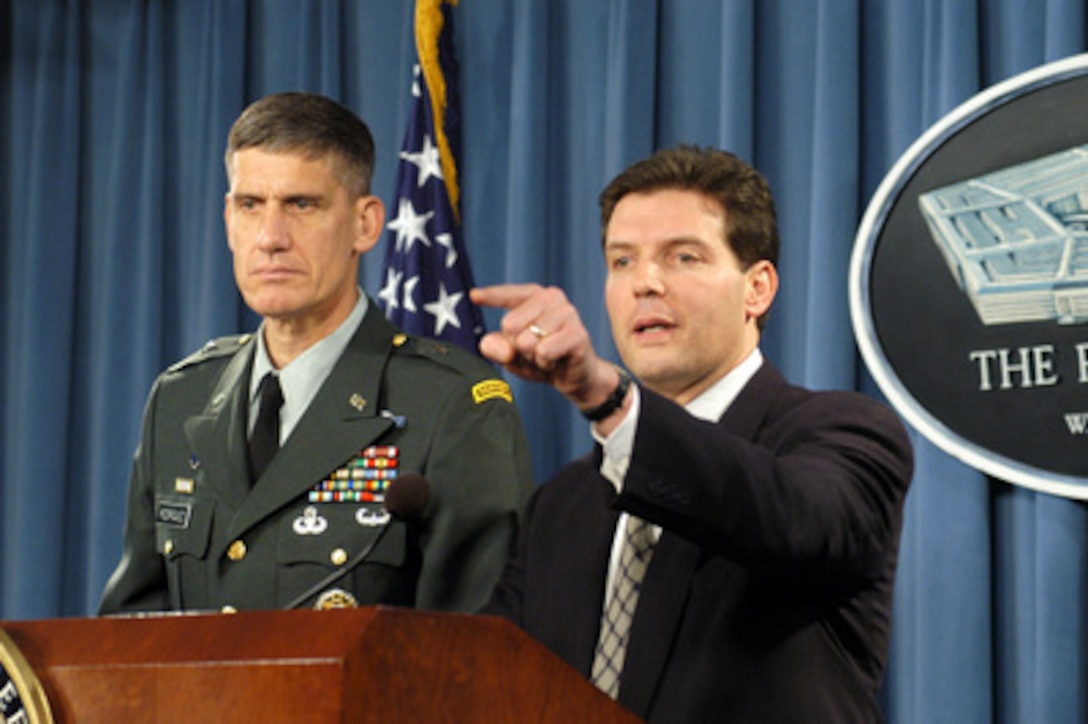 Principal Deputy Assistant Secretary of Defense for Public Affairs Lawrence Di Rita (right) calls on a reporter during an update briefing in the Pentagon on Jan. 13, 2005. Di Rita and Deputy Director for Regional Operations of the Joint Staff Brig. Gen. David Rodriguez, U.S. Army, briefed the press in the Pentagon. 