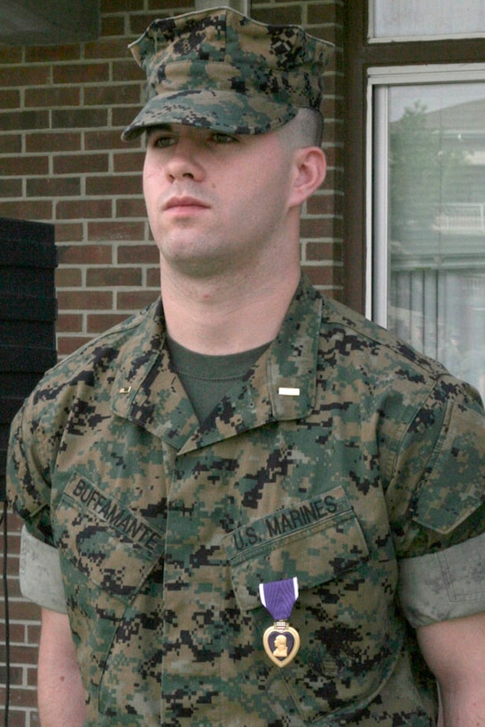 MARINE CORPS BASE CAMP LEJEUNE, N.C. - Second Lieutenant Joseph T. Buffamante, the tank commander for 2nd Platoon, Company C, was awarded the Purple Heart here May 16.  While on deployment to Iraq, Buffamante's tank was hit by an enemy mortar.
