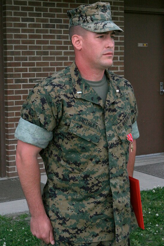MARINE CORPS BASE CAMP LEJEUNE, N.C. - First Lieutenant Aaron C. Smithley, the executive officer for Company C, 2nd Tank Battalion, Regimental Combat Team 1, 1st Marine Division, I Marine Expeditionary Force, was presented with the Bronze Star Medal Monday.  Smithley set an exceptionally high standard of performance, earning the admiration of his subordinates, peers and seniors alike.
