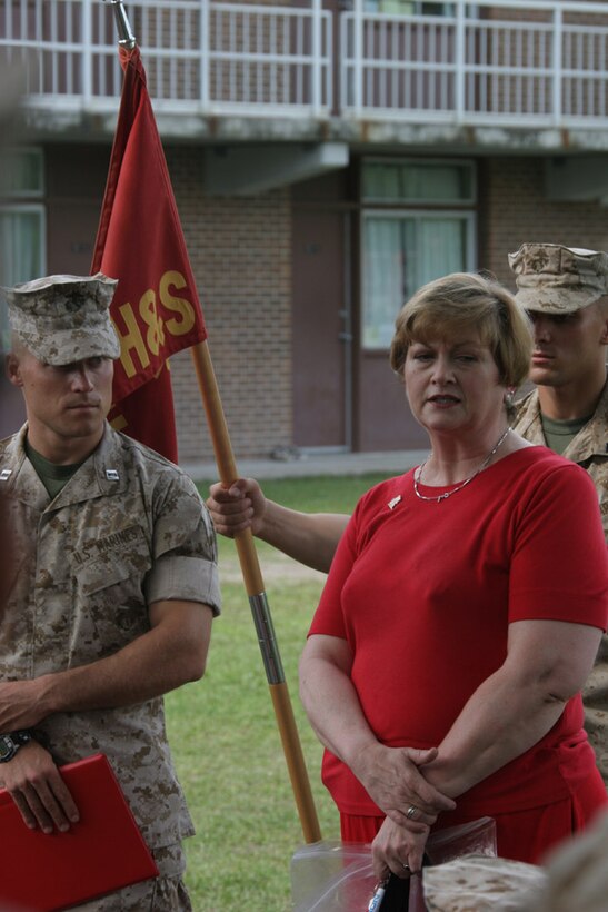 050715-M-2607O-004 MARINE CORPS BASE CAMP LEJEUNE, N.C. (July 15, 2005) -- Mrs. Brenda Brummer talks to the Marines of Headquarters and Service Company, 2nd Battalion, 2nd Marine Regiment, July 15, about the Pocket Flag Program before they depart for Iraq in support of the Global War on Terrorism.  Each Marine from the company received a pocket flag to either have in their pocket or hang in their workspace.
