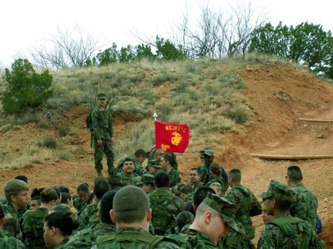 Cadet Capt. Michael Rojas, company commander for Alpha Company and the rest of 1st Herd Battalion take a break towards the end of the conditioning hike at Palo Duro State Park.