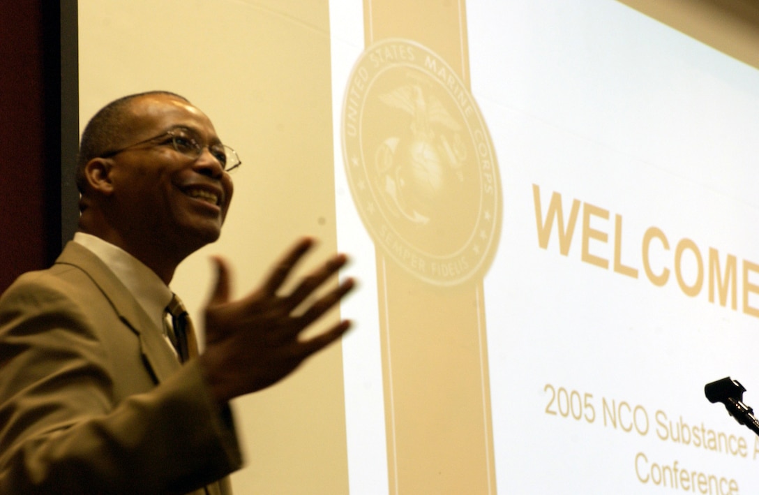 Sergeant Major Michael A. Brown, Headquarters and Service Battalion, Marine Corps Base Camp Lejeune, N.C., delivers opening remarks Aug. 16 at the 2005 Noncommissioned Officers Substance Abuse Symposium in Dallas. The NCOs, representing commands from around the Corps, were brought together to learn how to identify and assist Marines who may be at risk for substance abuse.