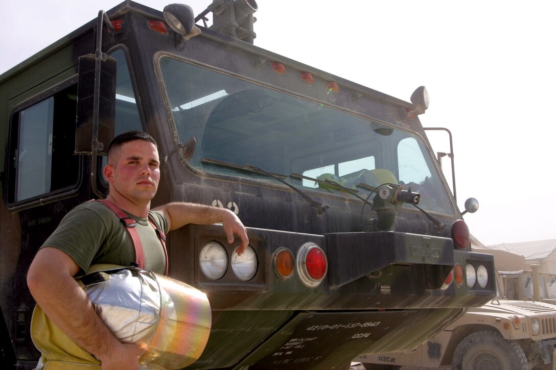 AL QAIM, Iraq - Lance Cpl. Daniel Nance, crash crewman with Marine Wing Support Squadron 271's Aircraft, Rescue and Fire Fighting section comes from a family of first responders. His mother, stepfather, cousin and uncle have all been emergency response personnel at some point in their lives.