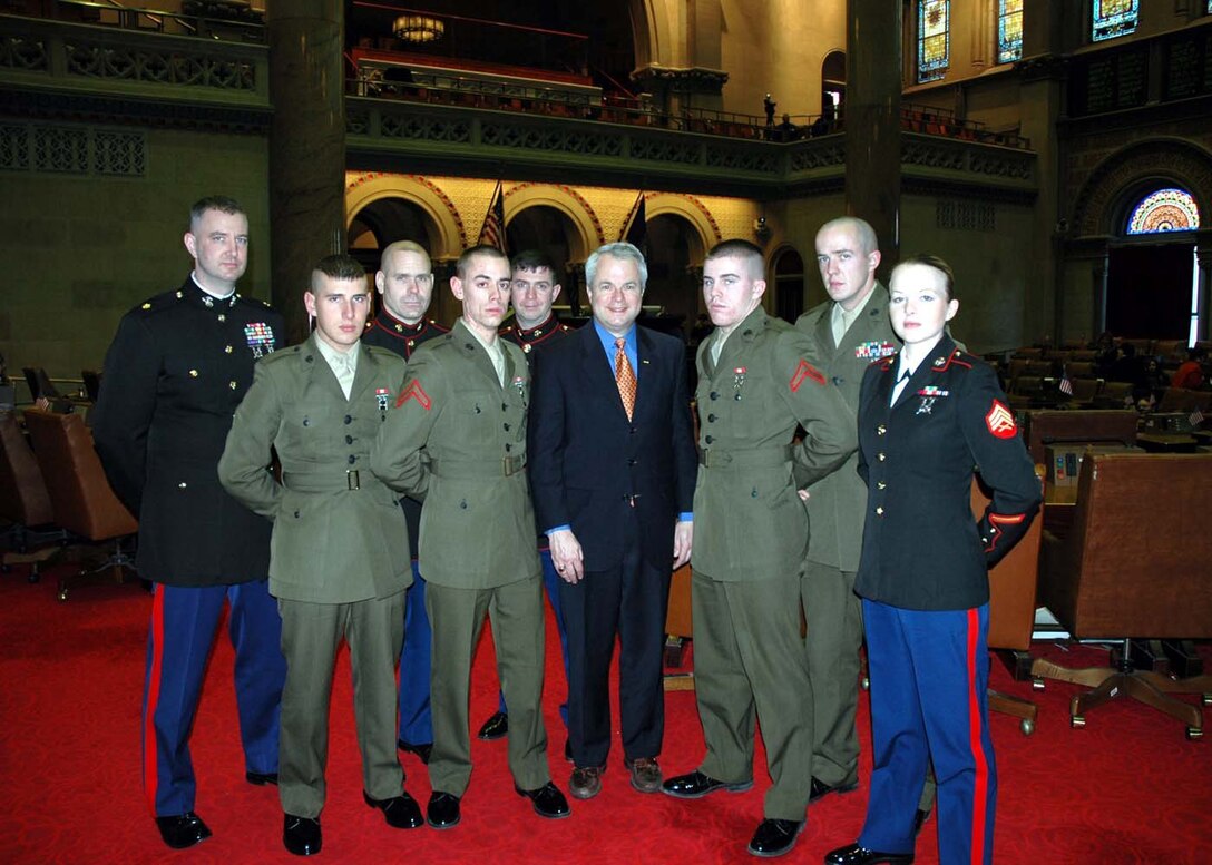 Marines from Recruiting Station Albany pose with Assemblyman Chris Ortloff in the Capitol Building before the resolution is intorduced to the Assembly. From left to right: Back Row, Recruiting Station Albany's Commanding Officer Maj John C. Reeve, Recruiting Station Albany Sergeant Major Sgt Maj Andrew L. Yagle, SNCOIC Recruiting Sub Station Plattsburgh Gunnery Sgt Daniel Briehl, PFC William Patnode.  Front Row: Pvt James Stewart, PFC CHarles Meskunas, Assemblyman Chris Ortloff, PFC Gregory Lafountain, and Public Affairs NCO Sgt Pamela Shelley.