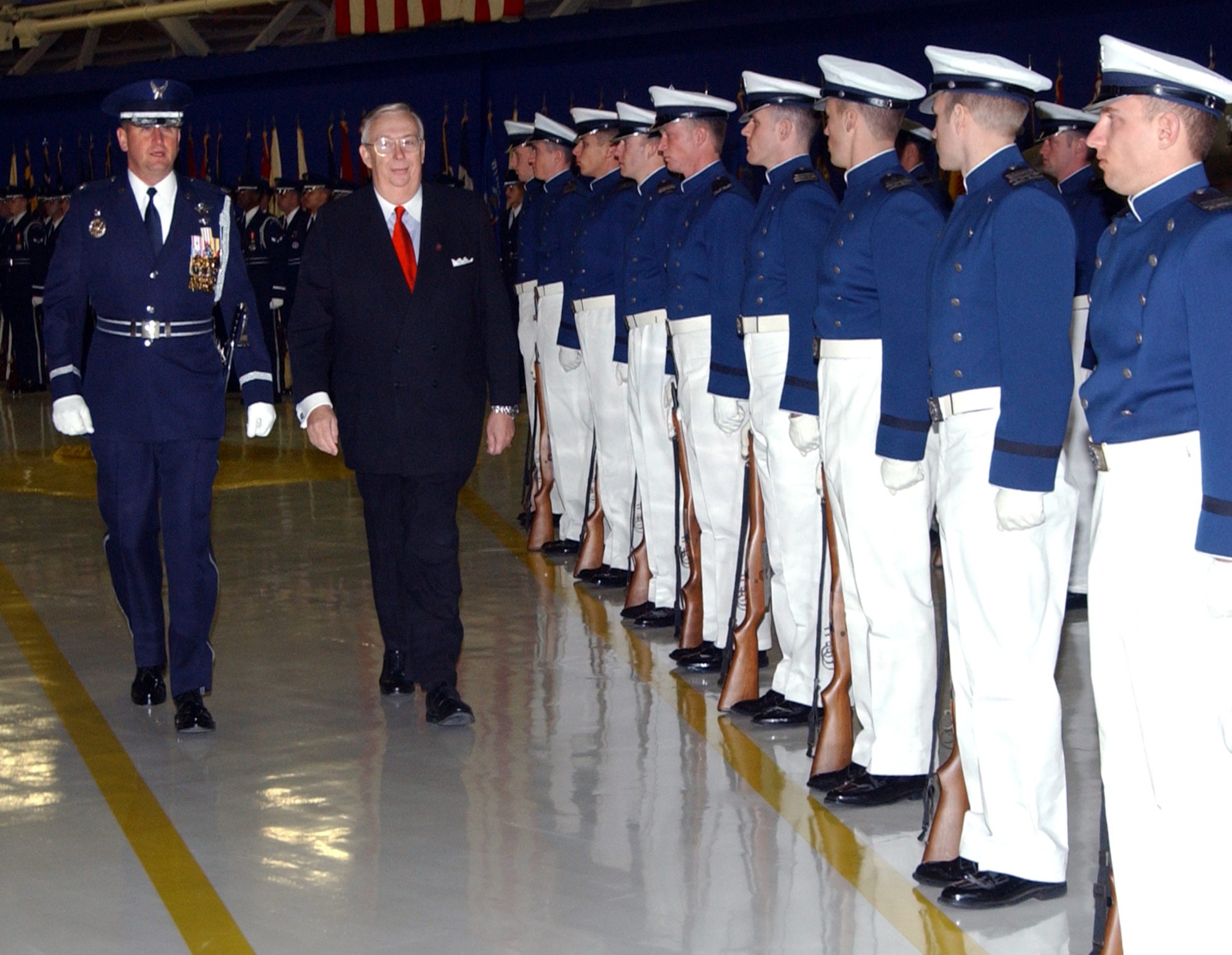 ANDREWS AIR FORCE BASE, Md. -- Air Force Secretary Dr. James G. Roche is escorted through a pass-and-review of the troops during his retirement ceremony here Jan. 18.  (U.S. Air Force photo by Larry McTighe)