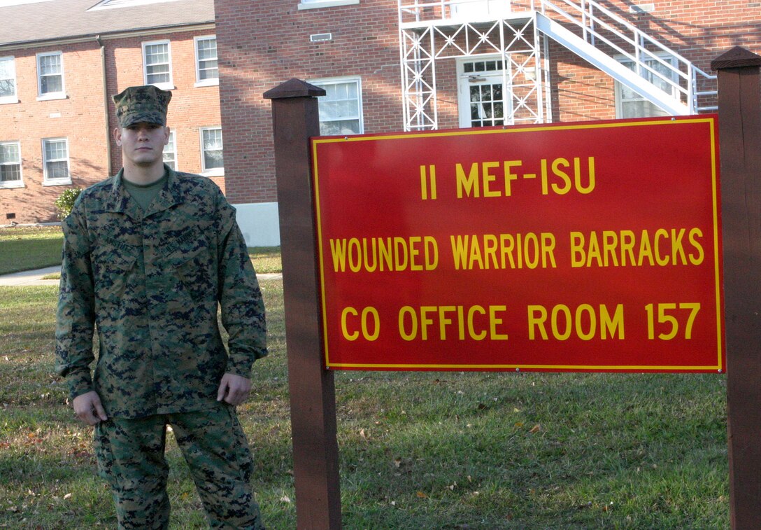 MARINE CORPS BASE CAMP LEJEUNE, N.C. (February 14, 2005) - Lance Cpl. Timothy M. Amstutz of Payne, Ohio, sustained injury while deployed fighting the Global War on Terrorism. Amstutz, an assaultman with 1st Battalion, 6th Marine Regiment, deployed in support of Operation Iraqi Freedom March 9.  A few months later, while attached to a Combined Anti-Armor Team, the 20-year-old was on a patrol down a road in Iraq, when an improvised explosive device exploded underneath their vehicle.