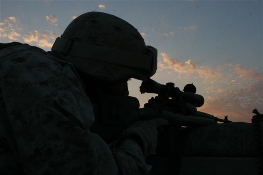 UBAYDI, Iraq ? Providing security, Petty Officer 1st Class Shepley A. Reimer, 30, of Colorado Springs, Colorado, and Reconnaissance Platoon corpsman with 1st Platoon, Company A, watches thru the scope of his M-14 sniper rifle on a rooftop here Nov. 19. For Recon Marines, their specialized jobs are vital in supporting infantry Marines on the advance.