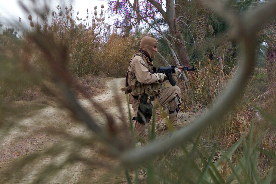 A member of the Iraqi SWAT team provides security as his fellow team members and Marines from the 24th Marine Expeditionary Unit search for weapons and munitions outside of a house in Jabella, Iraq, Jan. 19.::n::Six CH-46E Sea Knight helicopters ferrying a joint strike force -- composed of elements of the Iraqi SWAT team, the 24th MEU’s Force Reconnaissance platoon and U.S. Army troops -- swarmed the target, a crop of houses believed to shelter a number of militants and a stockpile of weapons and munitions. ::n::The raid kicked off Operation Checkmate, a fresh offensive aimed at disrupting insurgent activity ahead of national elections later this month.::n::::n::(Official USMC Photo by Cpl. Sarah A. Beavers. This photo is cleared for release.)::n::