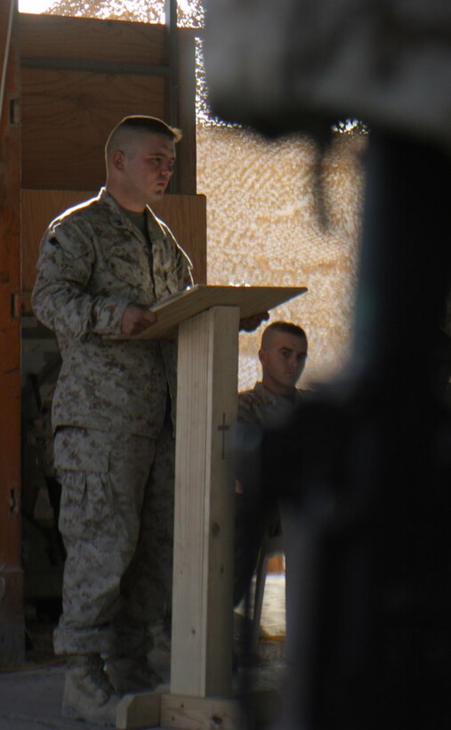 051020-M-2607O-010 - Private First Class Terry L. Brown says some words about his friend and fellow Marine Pfc. Shayne M. Cabino who died in the line of duty Oct. 6 while helping make Iraq a free country.