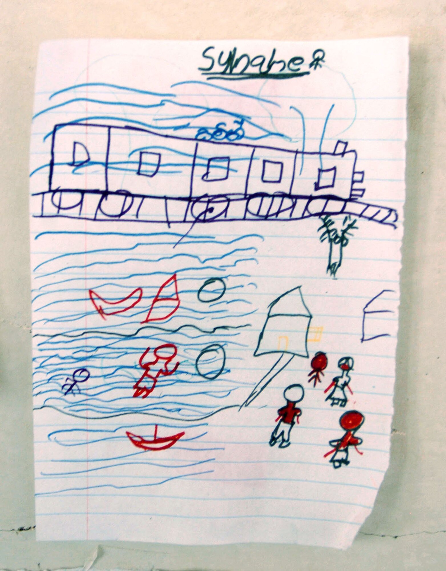 GALLE, Sri Lanka -- A drawing by a Sri Lankan child shows the trauma of what he experienced after tsunamis as high as 50 feet devastated his town Dec. 26.  U.S. servicemembers are in the country helping deliver food supplies at various locations.  (U.S. Air Force photo by Master Sgt. Val Gempis)