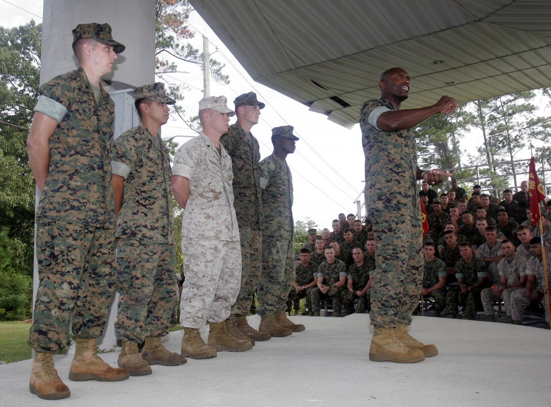 Sergeant Major of the Marine Corps Sgt. Maj. John L. Estrada addresses Marines from 10th Marine Regiment during his visit here October 21. Estrada discussed with the Marines the value and importance of the work they do daily. "Not too many people know what difference they have made," said Estrada. "You won't have that problem."