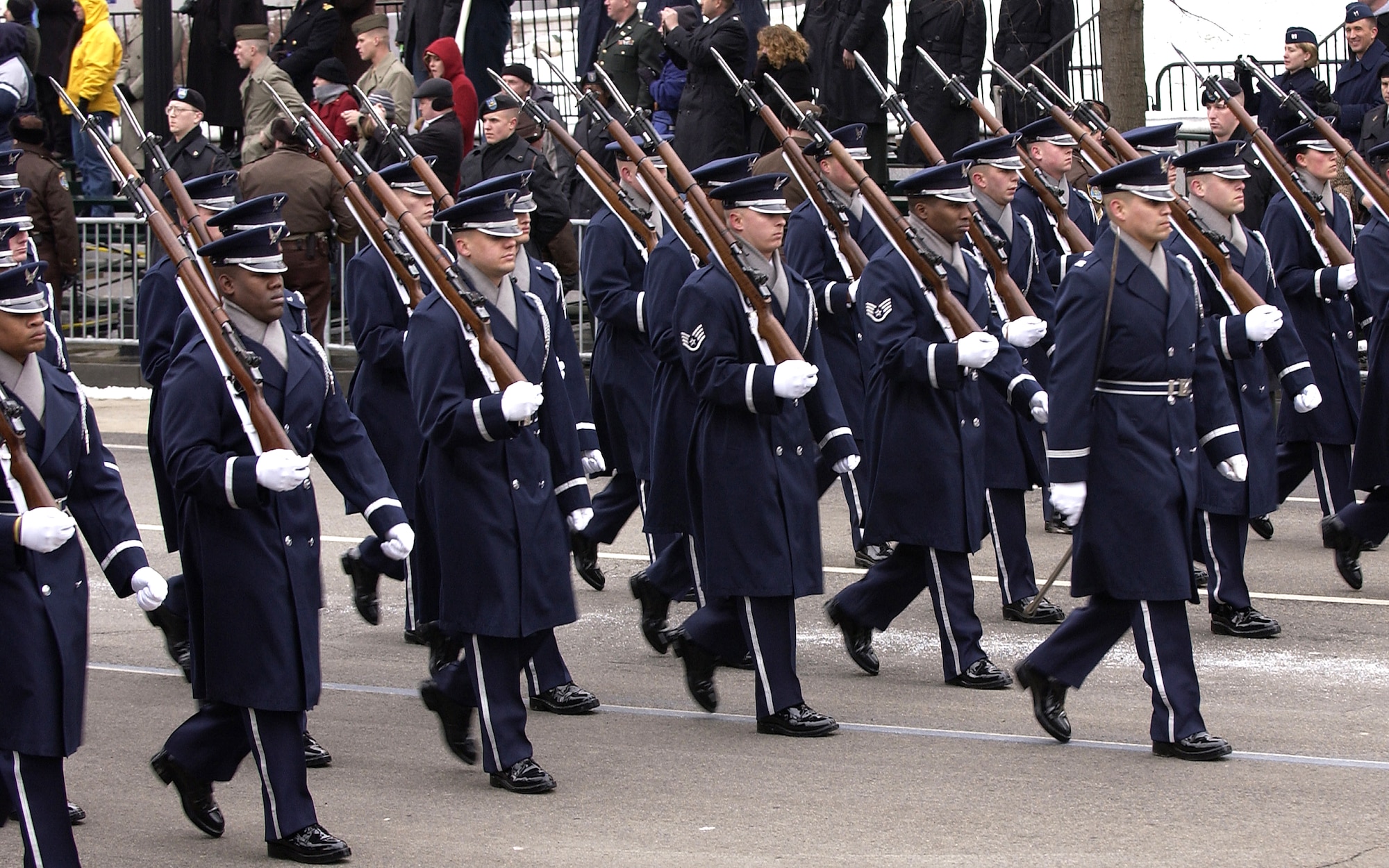 WASHINGTON -- The U.S. Air Force Honor Guard marches in the Presidential Inaugural Parade here Jan. 20.  Joint Task Force-Armed Forces Inaugural Committee officials are responsible for coordinating all military ceremonial support for the inauguration.  Support included musical units, marching units, color guards, firing details and salute batteries.  (U.S. Air Force photo by Staff Sgt. Victoria Meyer)
