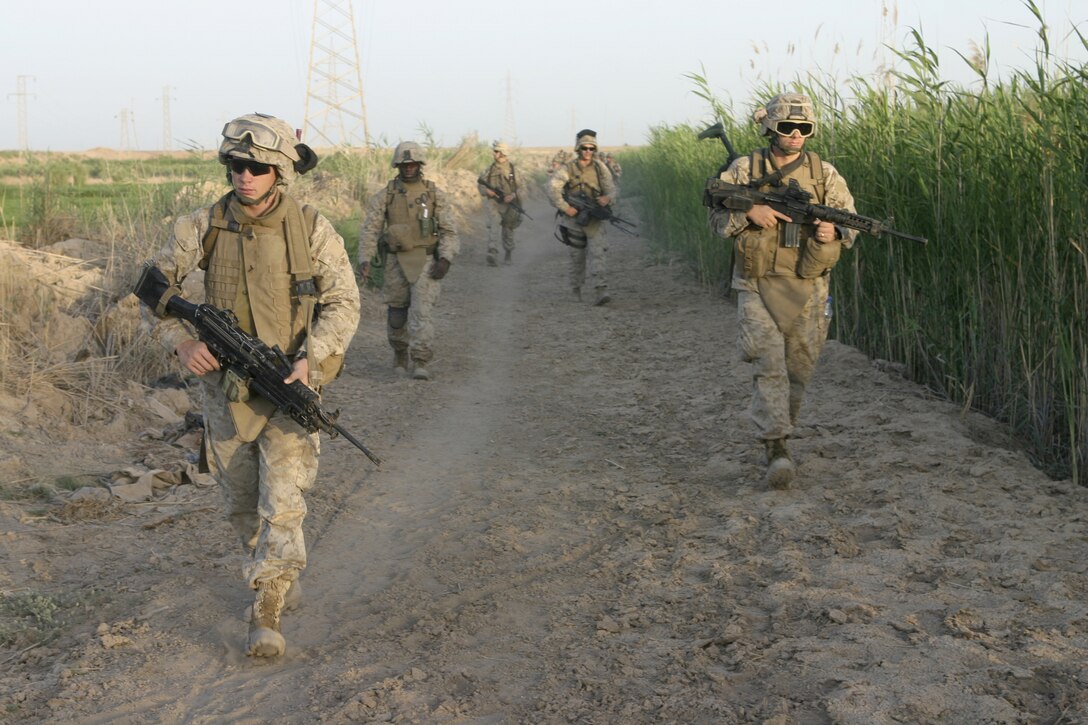 SAQLAWIYAH, Iraq - Marines with 3rd Squad, 2nd Platoon, Company A, 1st Battalion, 6th Marine Regiment patrol through farm fields outside Saqlawiyah May 22.  Company A personnel worked alongside Iraqi soldiers and combat engineers to sweep through numerous farm fields outside Saqlawiyah, looking for hidden weapons caches and insurgent activity.
