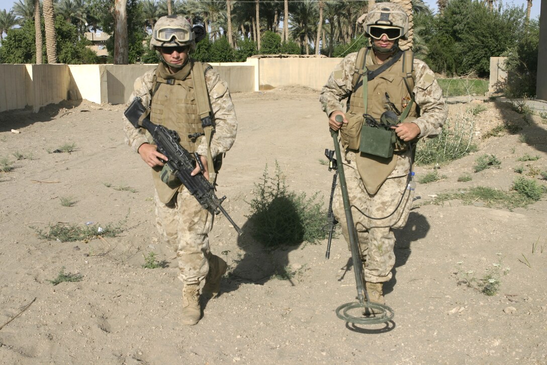 SAQLAWIYAH, Iraq - Lance Cpl. Patrick S. Reynolds, combat engineer with 2nd Platoon, Company A, 2nd Combat Engineer Battalion, right, and Pfc. Ryan Cheney, a fellow engineer, left, walk through some fields outside Saqlawiyah May 22.  Combat engineers worked alongside Company A, 1st Battalion, 6th Marine Regiment infantrymen and Iraqi soldiers to sweep through numerous farm fields outside Saqlawiyah, looking for hidden weapons caches and insurgent activity.