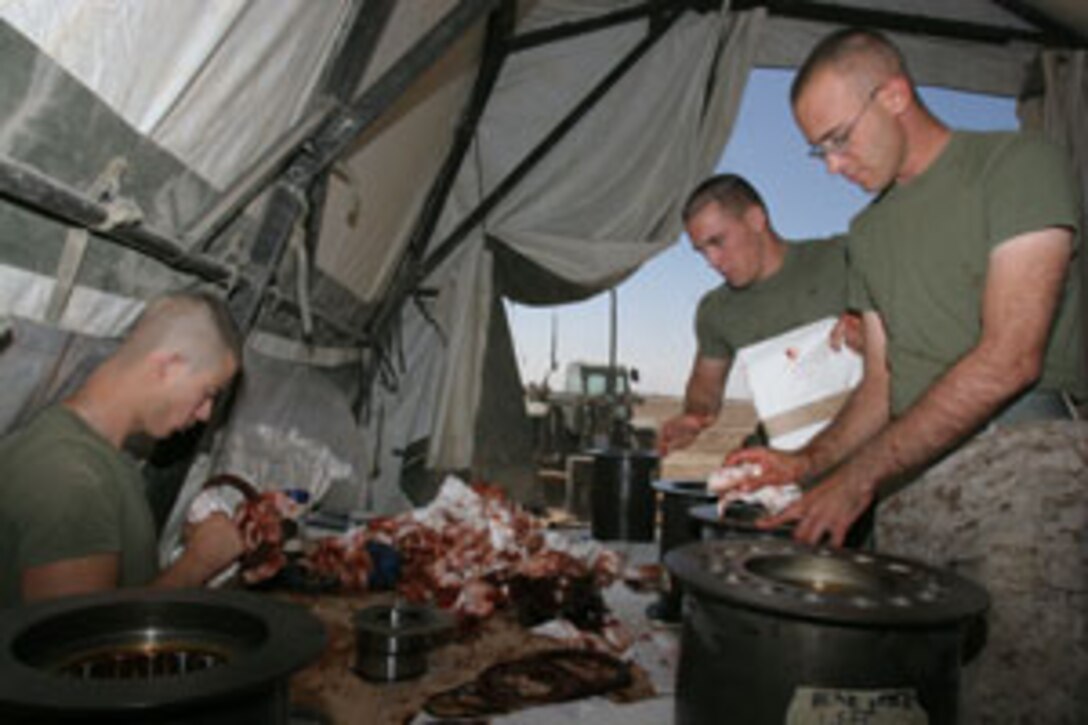 Sgt. Dustin Cutsinger, Cpl. Ryan Hebert and Sgt. Thomas Davis, members of Marine Wing Support Squadron 272?s expeditionary airfield team, clean and lubricate parts from a recently dismantled M31 arrested landing gear system.  The team performed biannual preventative maintenance on the part to ensure optimal equipment readiness.