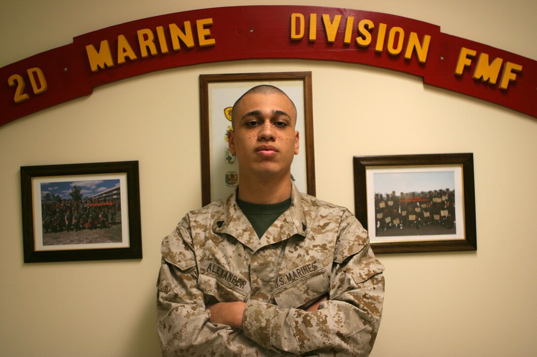MARINE CORPS BASE CAMP LEJEUNE, N.C. (February 22, 2005) Corporal Jamaal E. Alexander always knew he would be in the military, even as s kid.  Now as an adult he works with supply operations for 2d Marine Division assisting with the daily supply operations within the Division.