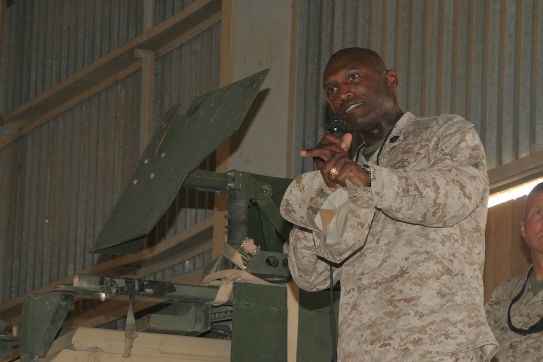 CAMP AL QA'IM, Iraq (July 25, 2005)- Sgt. Maj. of the Marine Corps John L. Estrada, talks to Marines of 3rd Battalion, 2nd Marine Regiment, Regimental Combat Team-2 during a visit here July 25. (Official U.S. Marine Corps photo by Lance Cpl. Lucian Friel (RELEASED)