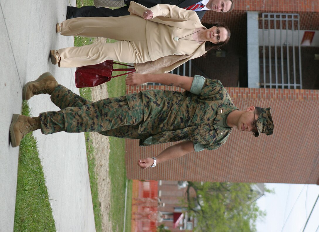 MARINE CORPS BASE CAMP LEJEUNE, N.C. -- (April 26, 2005)  Second Lt. Ilario G. Pantano, a Marine stationed here on Camp Lejeune, enters the courtroom of his Article 32 investigation today.  The 33-year-old New York native is being investigated for his involvement in the shooting death of two Iraqi males last April.  If sufficient evidence is found, he will proceed to a general courts-martial at a later date.