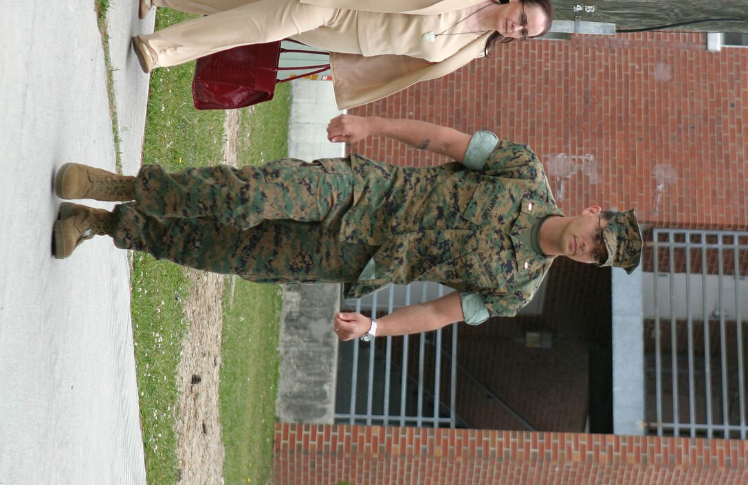 MARINE CORPS BASE CAMP LEJEUNE, N.C. -- (April 26, 2005)  Second Lt. Ilario G. Pantano, a Marine stationed here on Camp Lejeune, enters the courtroom of his Article 32 investigation today.  The 33-year-old New York native is being investigated for his involvement in the shooting death of two Iraqi males last April.  If sufficient evidence is found, he will proceed to a general courts-martial at a later date.