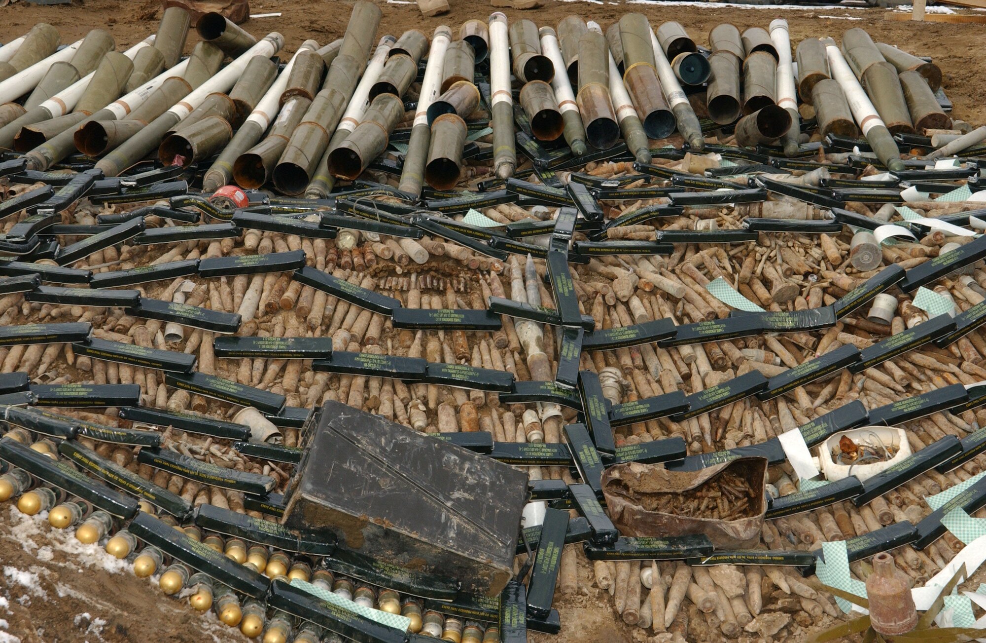 BAGRAM AIR BASE, Afghanistan -- Unexploded ordnance destroyed by the 455th Expeditionary Civil Engineer Squadron explosive ordnance disposal Airmen on Jan. 23 included everything from small arms, aircraft ammunitions and rockets, to Howitzer casings, large projectiles, rifle grenades and anti-tank mines.  (U.S. Air Force photo by Capt. Catie Hague)