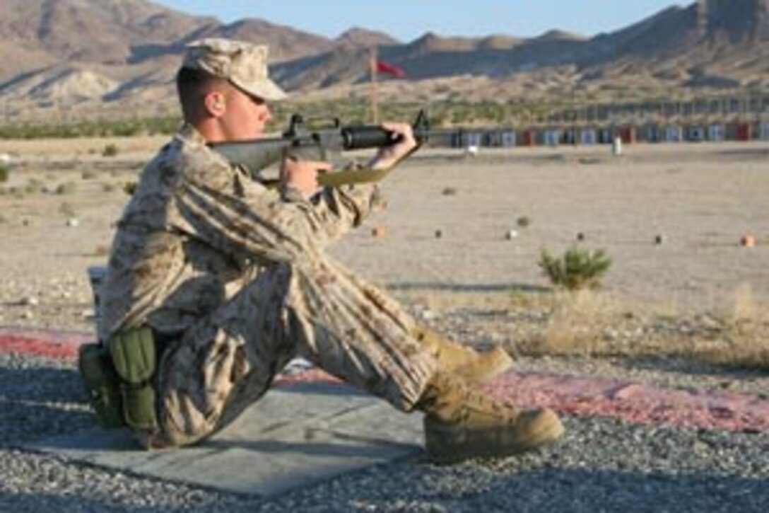 Lance Cpl. Joseph Temple from the Headquarters Battalion Gold team, prepares to shoot from the 200-yard line in the first course of fire for the Rifle Team Match on Oct. 26. The Annual Marine Air Ground Task Force Training Command Intramural Rifle and Pistol Matches were held from Oct. 17 to 28. Winners from the matches are going to represent MAGTF in the Western Division Matches in the spring.