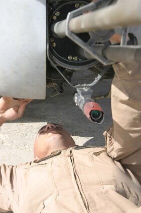 Sergeant Travis Storie, ordnance technician, Marine Light/Attack Helicopter Squadron 269, and Abington, Va., native checks a weapon system on one of the Gunrunners? AH-1W Super Cobras aboard Forward Operating Base Al Qaim, March 29.