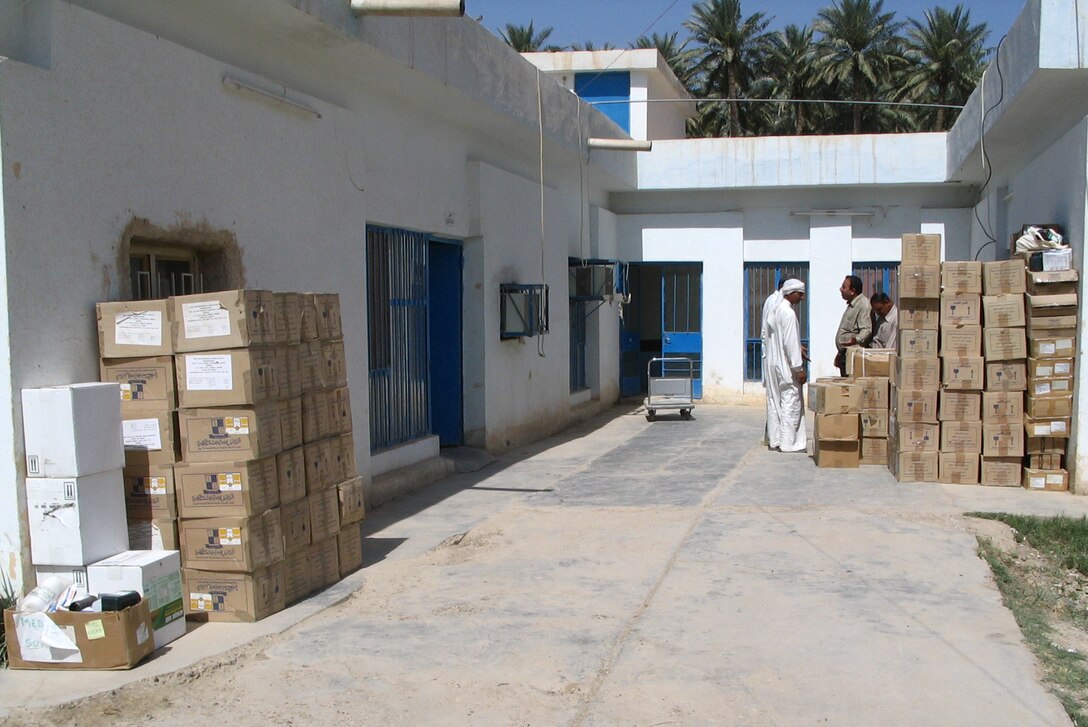 SAQLAWIYAH, Iraq - Boxes of medical supplies are stacked outside the medical clinic May 29.  Personnel with the 5th Civil Affairs Group distributed supplies including 3000 syringes, 36 liters of sanitizer, and 3000 surgical masks.