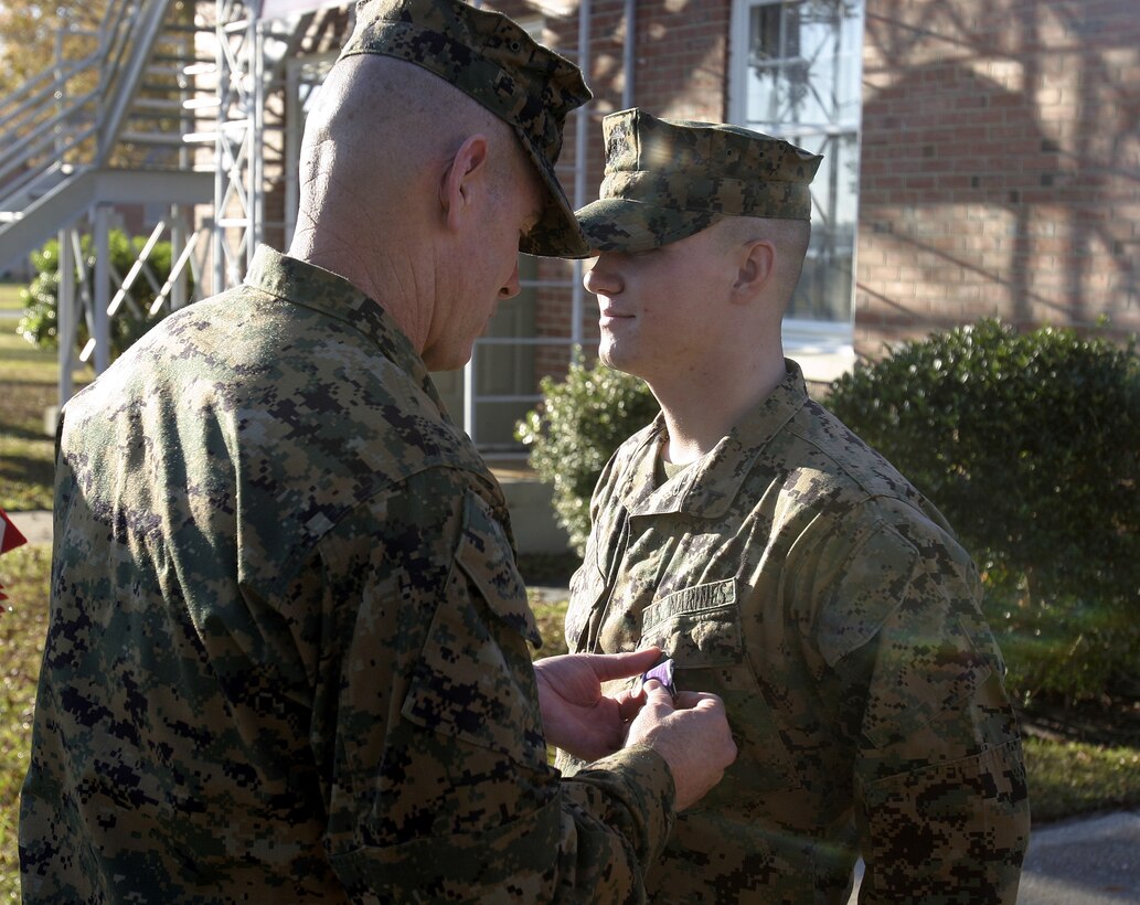 MARINE CORPS BASE CAMP LEJEUNE, N.C. - Lance Cpl. Brandon Love, an infantryman with 2nd Battalion, 2nd Marine Regiment, is presented his Purple Heart Medal here Nov. 30.  The 19-year-old Charlottesville, Va. native suffered shrapnel wounds and busted eardrums when an improvised explosive device detonated near his convoy while he and his unit had been conduction combat operations in Iraq's Al Anbar province in September.