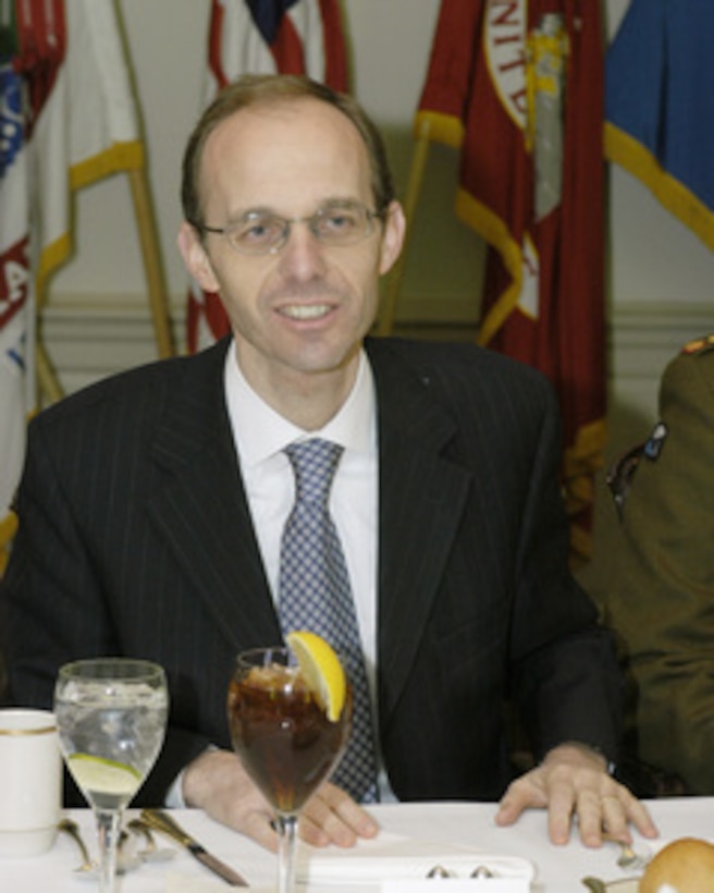 Minister of Defense Luc Frieden, of Luxembourg, meets with Secretary of Defense Donald H. Rumsfeld in the Pentagon on Jan. 31, 2005. The two leaders are meeting to discuss defense issues of mutual interest. 