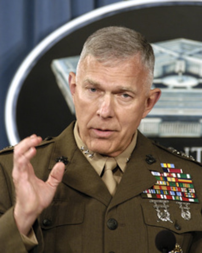 Joint Staff Director for Operations Lt. Gen. James T. Conway, U.S. Marine Corps, responds to a reporter's question during a Pentagon press briefing on June 30, 2005. Conway and Principal Deputy Assistant Secretary of Defense for Public Affairs Lawrence Di Rita conducted the briefing. 