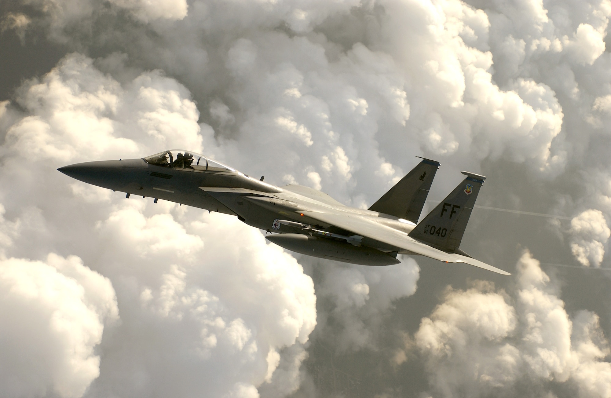LANGLEY AIR FORCE BASE, Va. -- Maj. John Braun patrols the sky during a combat air patrol mission from here July 1.  Pilots patrolled the sky over the Washington, D.C., area providing presidential support during the Fourth of July weekend.  Major Braun is an F-15 Eagle pilot with the 94th Fighter Squadron.  (U.S. Air Force photo by Tech. Sgt. Ben Bloker)