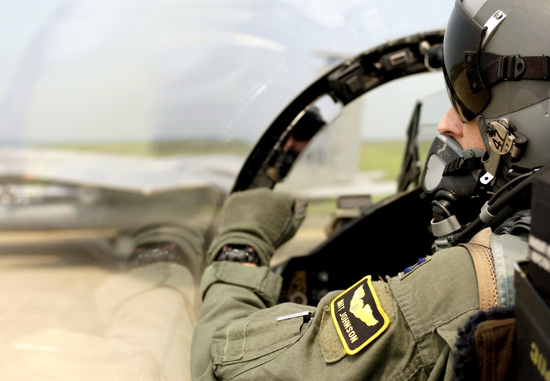 LANGLEY AIR FORCE BASE, Va. -- Capt. Matt Johnson taxis out to fly a combat air patrol mission from here July 1.  Pilots patrolled the sky over the Washington, D.C., area providing presidential support during the Fourth of July weekend.  Captain Johnson is an F-15 Eagle pilot with the 94th Fighter Squadron.  (U.S. Air Force photo by Tech. Sgt. Ben Bloker)
