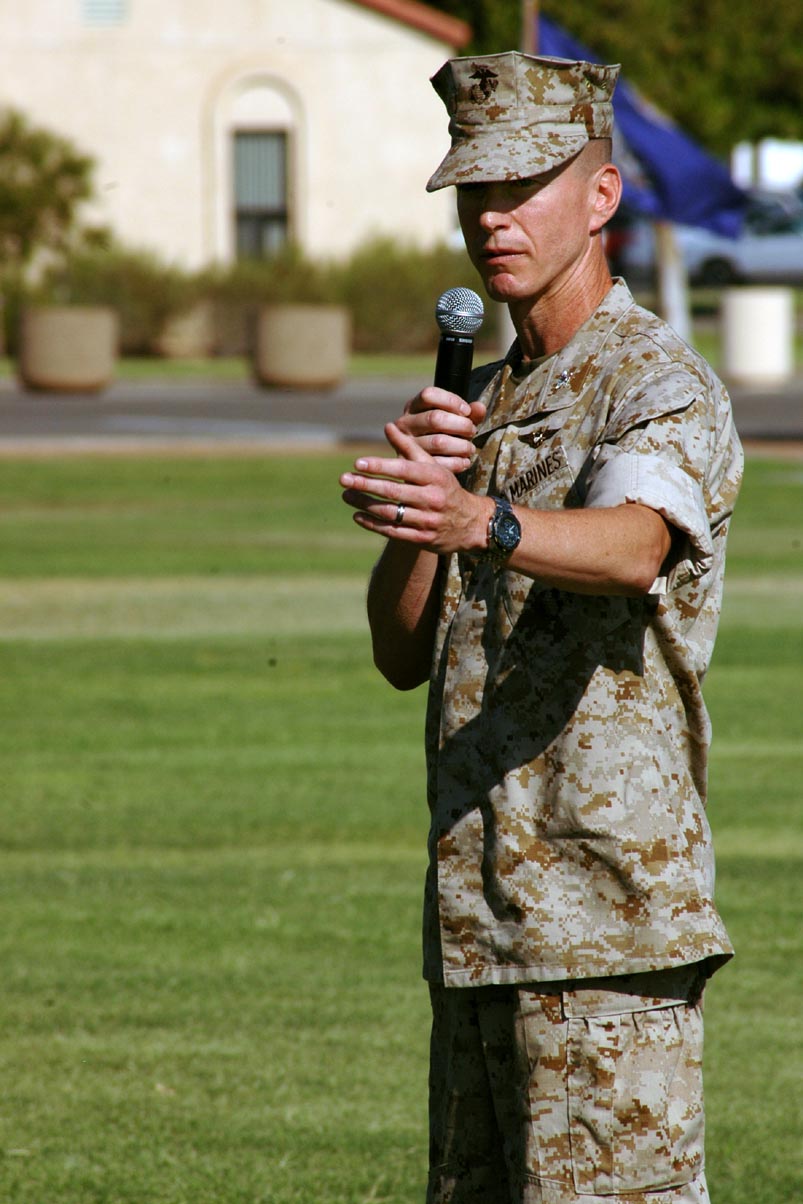 Col. Ben D. Hancock, station incoming commanding officer, makes his remarks after assuming command from Col. James J. Cooney at the station change of command July 7.