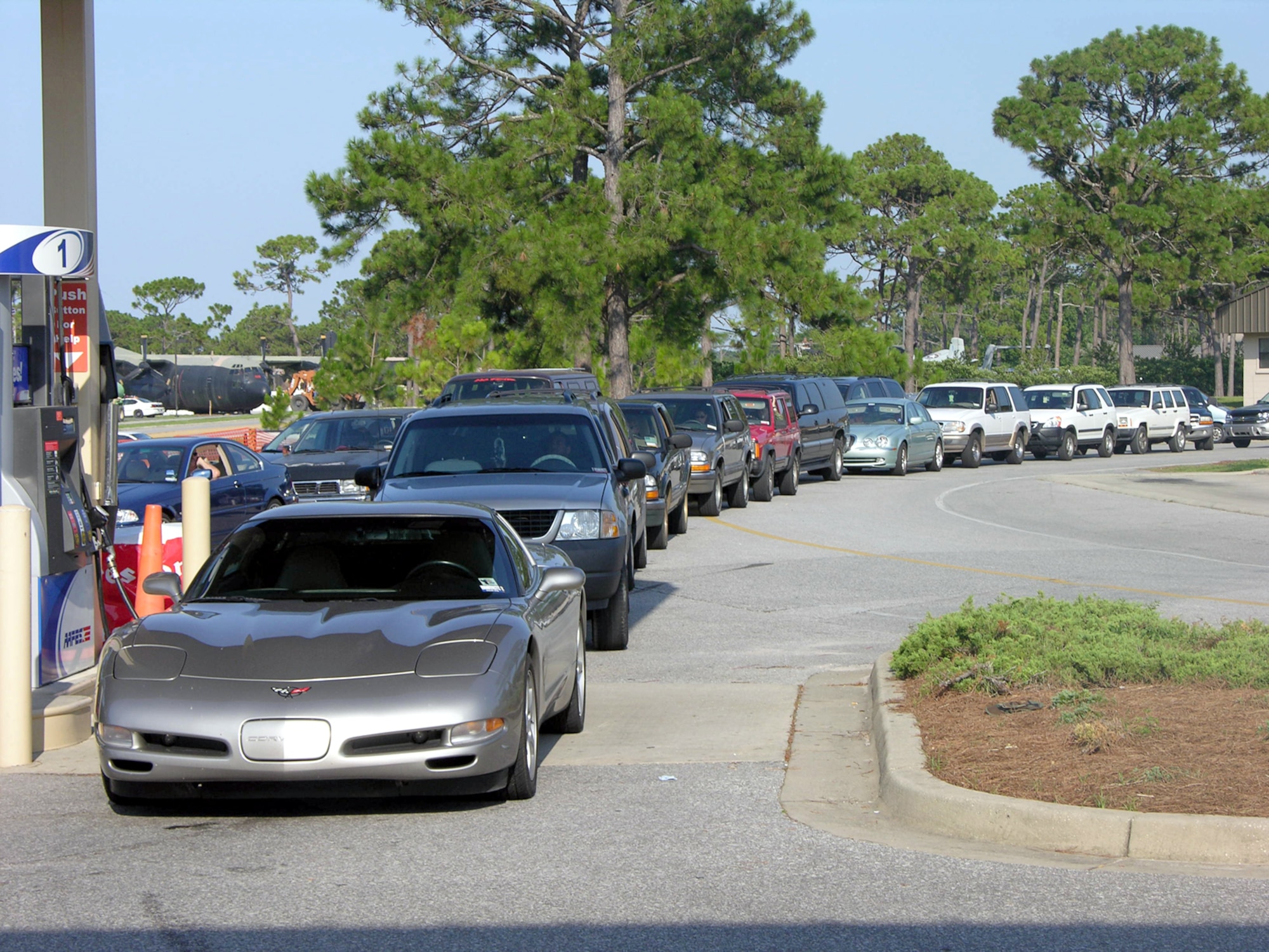 HURLBURT FIELD, Fla. -- Lines at the gas station here snarled traffic July 8 as people prepared to evacuate before Hurricane Dennis made landfall.  Gas, water, ice, batteries and hurricane survival staples grew scarce.  Base officials ordered the evacuation of all but mission-essential personnel July 8, which should reduce the 16,000-plus population here to fewer than 200 people.  (U.S. Air Force photo by Senior Airman Mareshah Haynes)