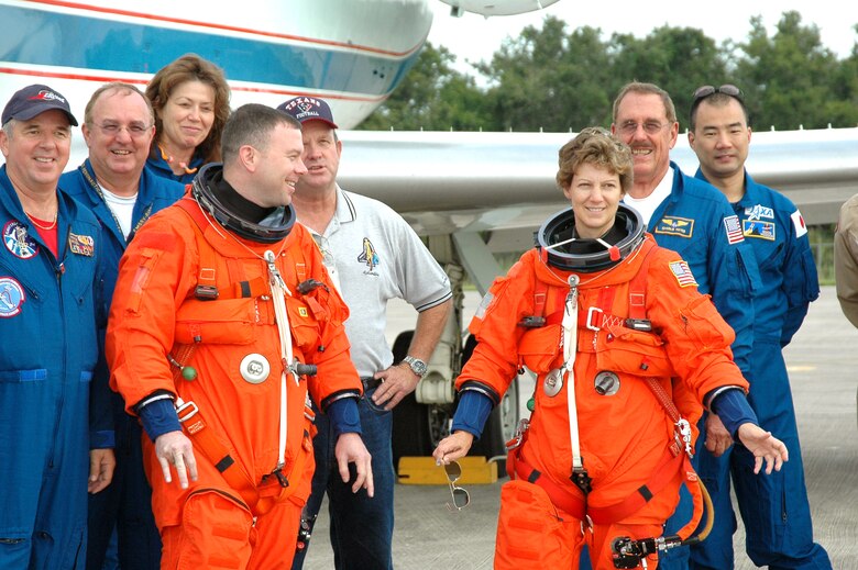 CAPE CANEVERAL, Fla. -- Col. James Kelly (left) and retired Col. Eileen Collins are two of three military astronauts on the Discovery crew.  Discovery is scheduled to launch July 13.  (NASA photo)