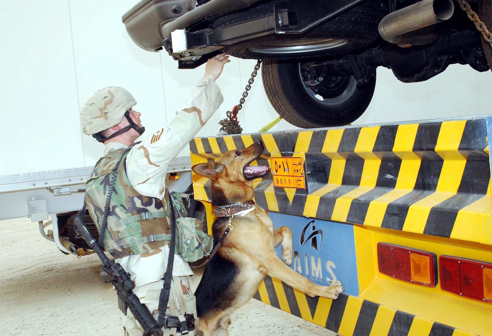 SOUTHERN IRAQ -- Staff Sgt. Gregory Long and his military working dog, Doran, search the undercarriage of a vehicle for explosives at a remote location.  They are assigned to the 407th Expeditionary Security Forces Squadron here at Ali Base.  (U.S. Army photo by Master Sgt. Lek Mateo)