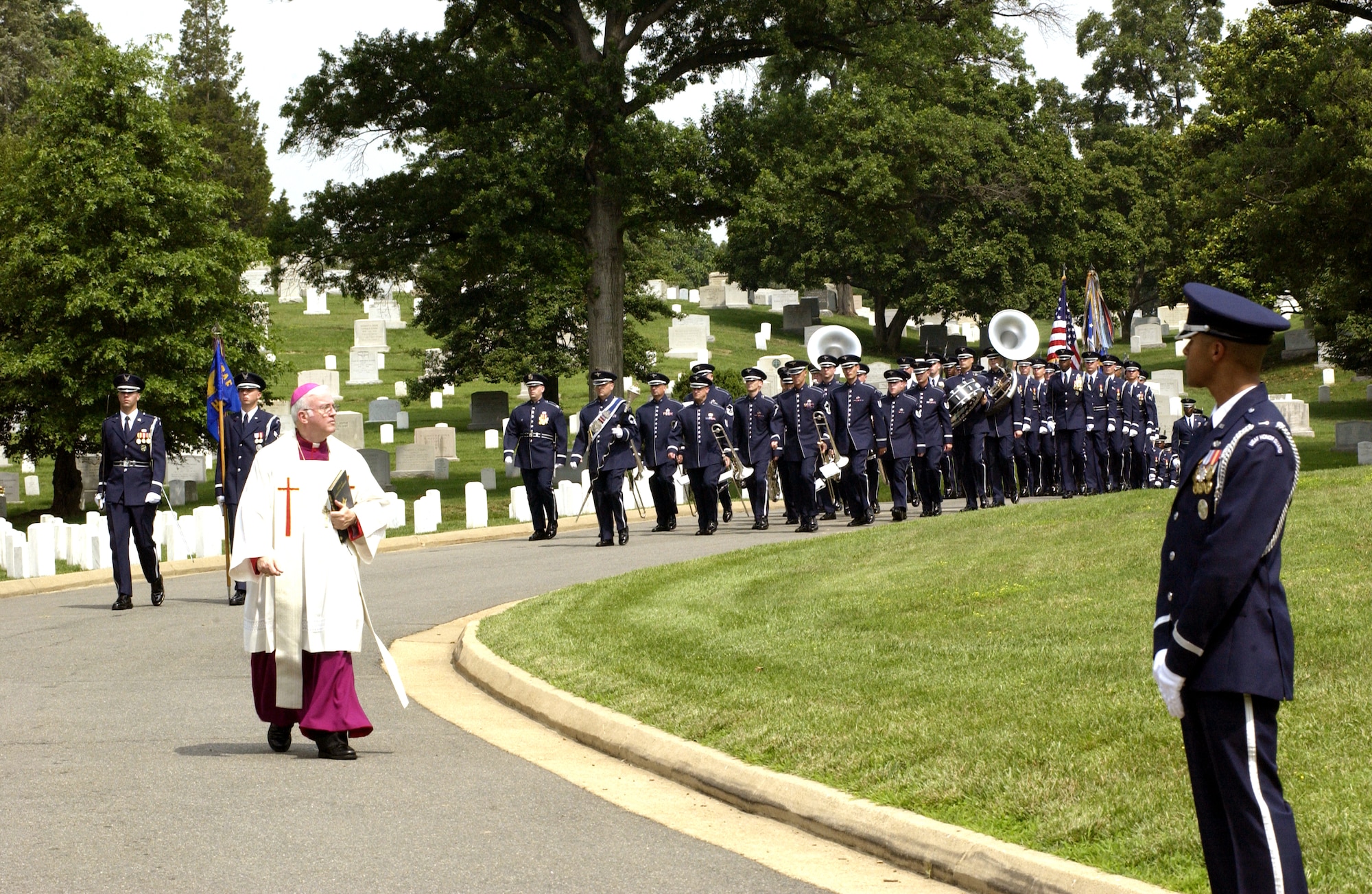 ARLINGTON, Va. -- Members of the Air Force Band are part of the funeral procession for retired Gen. Bernard Adolph Schriever.  He was buried with full military honors at Arlington National Cemetery on July 12.  (U.S. Air Force photo by Airman Rusti Caraker)      