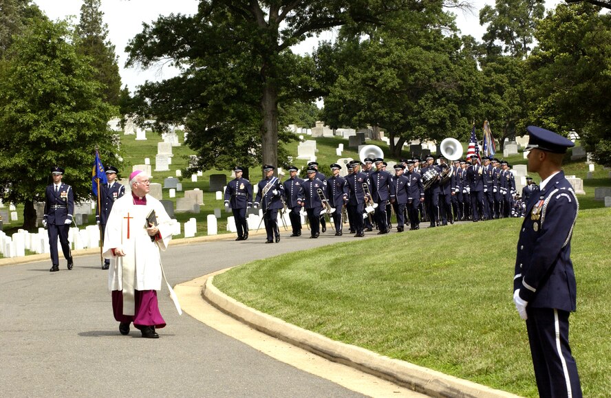 ARLINGTON, Va. -- Members of the Air Force Band are part of the funeral procession for retired Gen. Bernard Adolph Schriever.  He was buried with full military honors at Arlington National Cemetery on July 12.  (U.S. Air Force photo by Airman Rusti Caraker)      