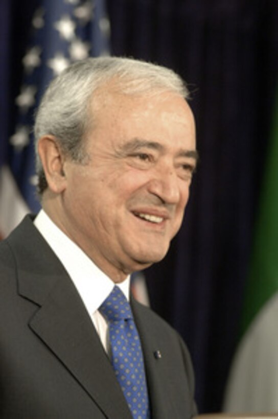 Italian Minister of Defense Antonio Martino responds to a question during a joint press conference with Secretary of Defense Donald H. Rumsfeld in the Pentagon on July 12, 2005. Rumsfeld and Martino met earlier to discuss a variety of security issues of mutual interest. 