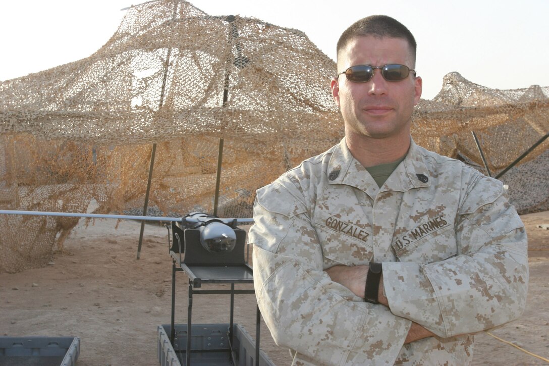 AL ASAD, Iraq - Staff Sgt. Jose Gonzalez, the staff noncommissioned officer-in-charge of the ScanEagle detachment with Marine Unmanned Aerial Vehicle Squadron 2 is in charge of the operation of the ScanEagle detachment here. Gonzalez joined the Marine Corps in 1999 to become an unmanned aerial vehicle operator.