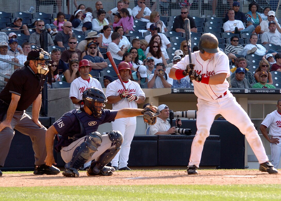 050717-N-0685S-005 SAN DIEGO (July 17, 2005) - Cpl. Jon Shearon, stationed at Marine Air Ground Task Force Training Command Twentynine Palms, is up to bat at the 16th Annual Navy-Marine Corps All-Star Baseball Game at PETCO Park July 17. The Marines Corps team beat Navy 6-3 tying the 16-year series 8-8. U.S. Navy Photo by Photographer's Mate 3rd Class Jo A. Wilbourn Sims (RELEASED)