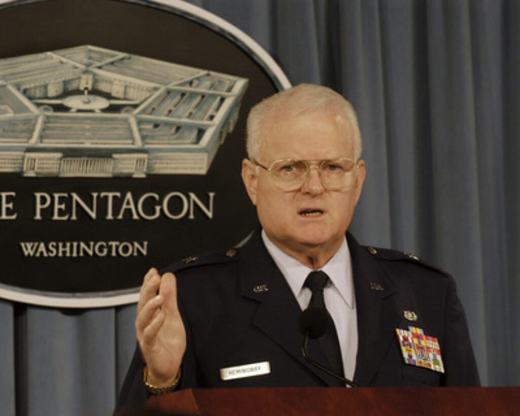 Brig. Gen. Thomas L. Hemingway, U.S. Air Force, legal advisor to the appointing authority for military commissions, responds to a reporter's question during a Pentagon press briefing on July 19, 2005. Hemingway presented the current status of commissions organized to establish the guilt or innocence of suspects from the war on terrorism. 