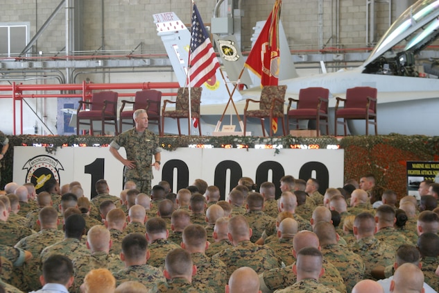 Cpl. Anthony Guas Lieutenant Gen. James Amos, the II Marine Expeditionary Force commanding general, speakes to the Marines of Marine Aircraft Group 31, Marine Aviation Logistics Squadron 31, Marine All-Weather Fighter Attack Squadron 332 and 533. Amos came to Marine Corps Air Station Beaufort to speak during a cermony held to honor the Monnlighters 100,000 mishap-free hours.