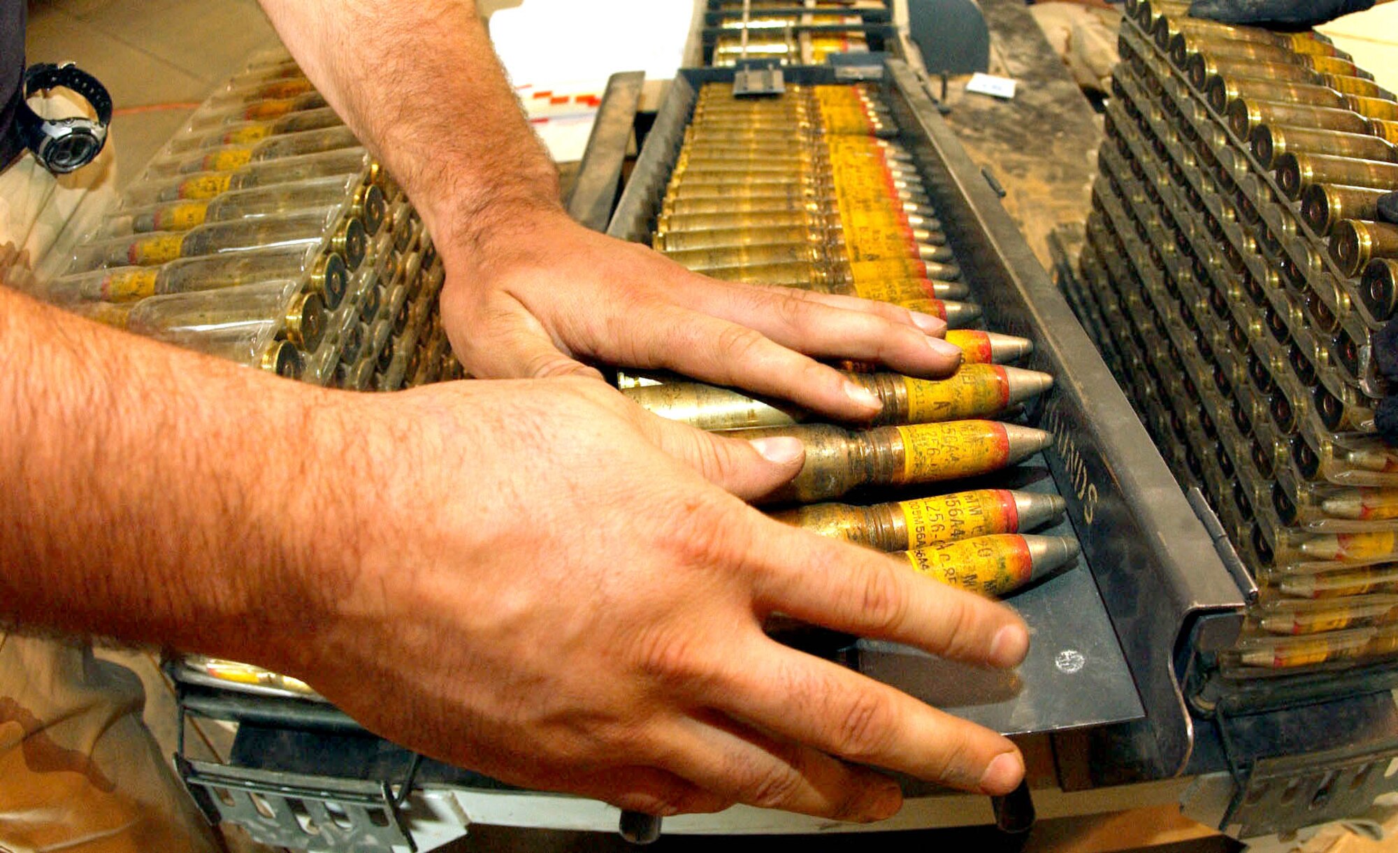 BALAD AIR BASE, Iraq -- The 332nd Expeditionary Maintenance Squadron's munitions flight Airmen not only arm both of the F-16 Fighting Falcon squadrons here, but they also provide the Air Force ground troops with ammo.  (U.S. Air Force photo by Senior Airman Tim Beckham)                