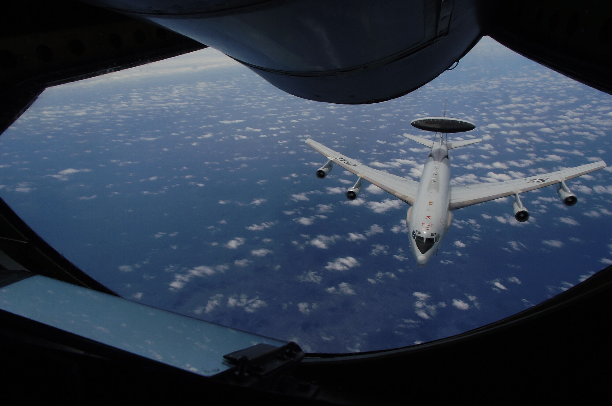 OVER THE PACIFIC OCEAN -- An E-3 Sentry airborne warning and control systems aircraft refuels off the western coast of Ecuador before patrolling the sky over South America. (U.S. Air Force photo by Master Sgt. Efrain Gonzalez)
