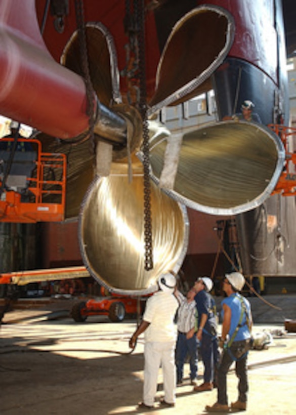 Northrop Grumman Newport News Shipyard Employees Reattach A Propeller.