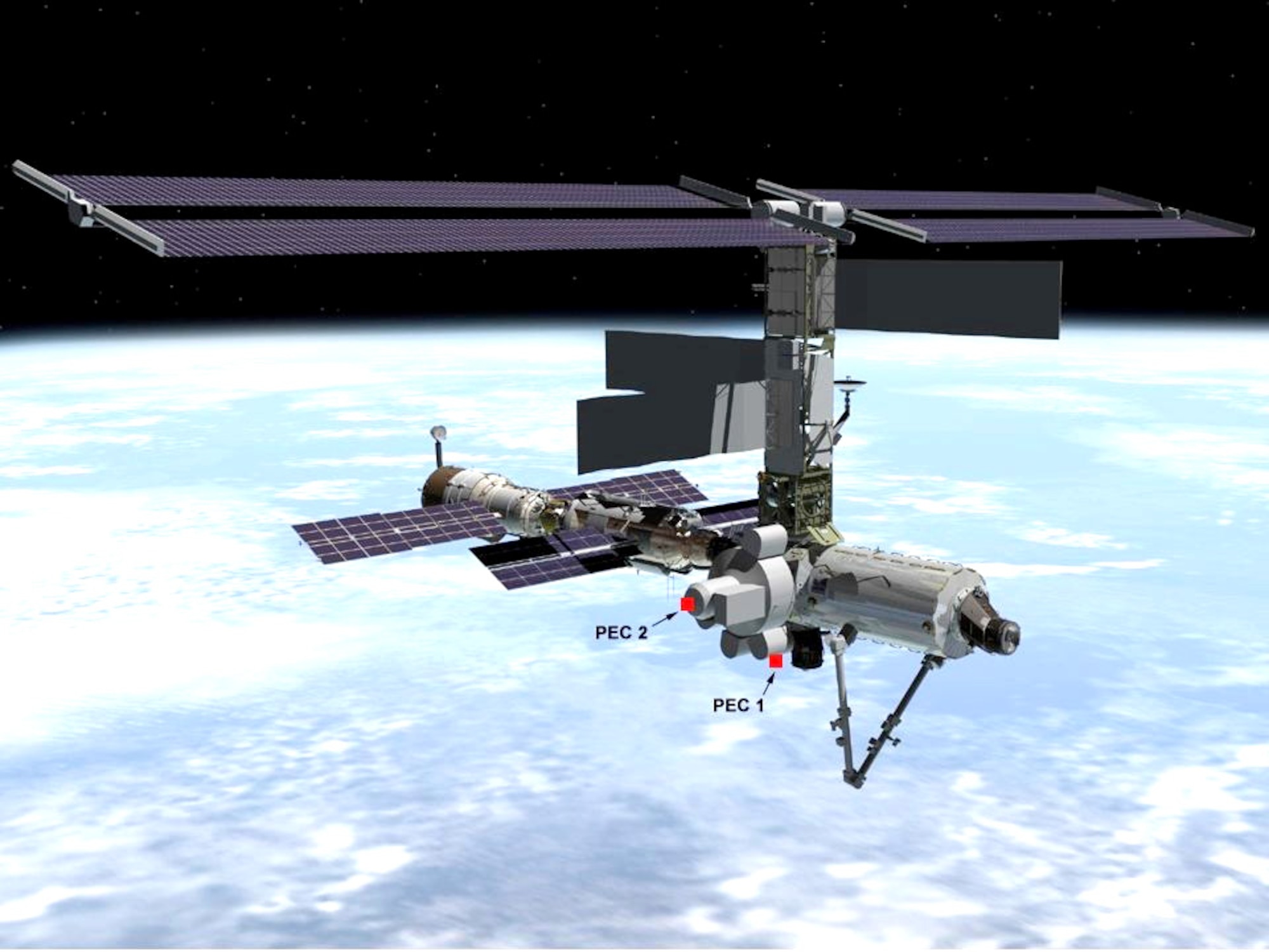 NASA GRAPHIC -- The graphic shows the locations where the Air Force experiments are located on the International Space Station.  They will be retrieved and returned home Aug. 7 by the Space Shuttle Discovery crew as part of their mission.  (NASA graphic)